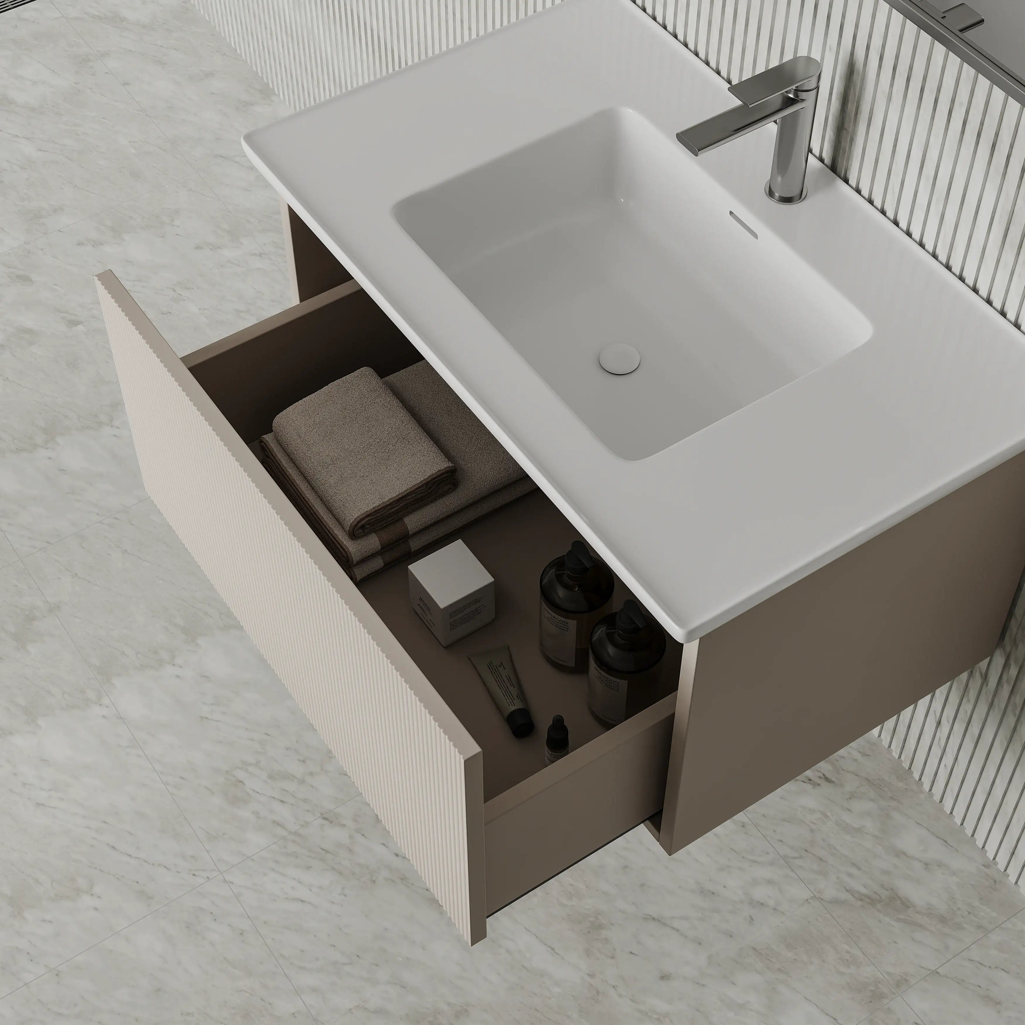 Amelia Fluted Matt Cream White Vanity Unit with Ceramic Basin 800mm