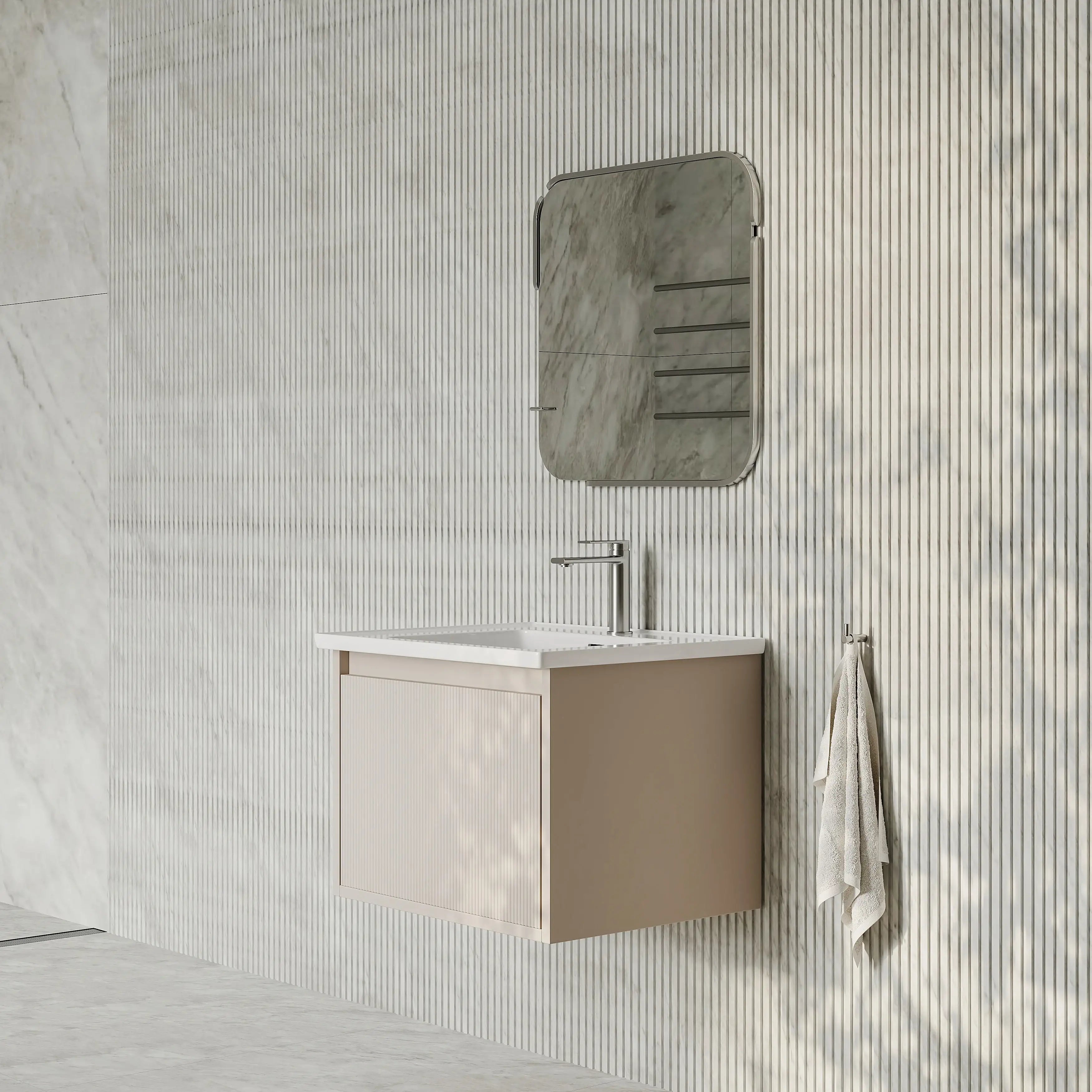 Amelia Fluted Matt Cream White Vanity Unit with Ceramic Basin 600mm